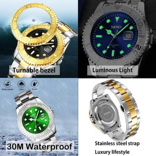 Vista 4 de SKMEI Reloj para hombre, impermeable, a la moda, casual, de acero inoxidable, color plateado, cara grande, analógica, de cuarzo, luminoso, vestido