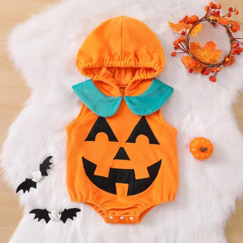 Vista 2 de Disfraz de Halloween mullido para bebés y niñas con estampado de cara de fantasma, sudadera con capucha para cosplay
