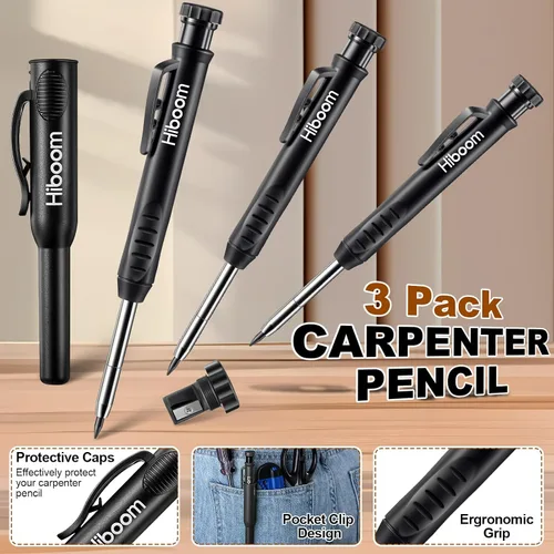 Vista 3 de Hiboom Juego de 3 lápices de carpintero con 24 recambios (Rojo, Negro, Amarillo), lápiz de construcción de 2,8 mm de alta resistencia con sacapuntas