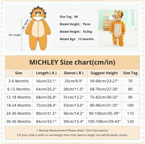 Vista 3 de MICHLEY - Overol unisex para bebé, mameluco estilo animal, con capucha, de franela, cosplay, para invierno u otoño