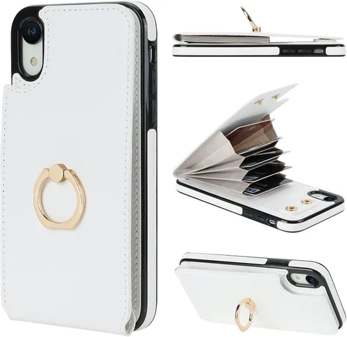 Vista 11 de Folosu Funda compatible con iPhone XR con soporte para tarjetas, rotación de 360°, soporte de anillo de dedo con función atril, bloqueo RFID, piel