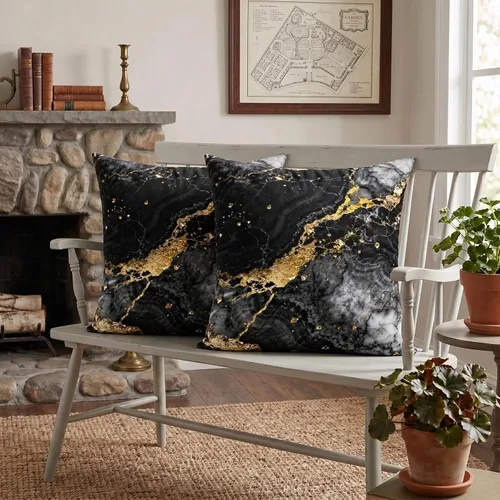Vista 8 de Yobvec Juego de 2 fundas de almohada de 18 x 18 pulgadas, color negro dorado y gris, fundas de cojín decorativas de mármol abstracto, decoración