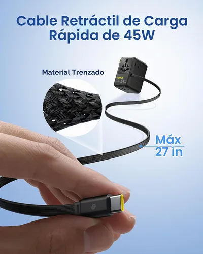 Vista 3 de Baseus Adaptador de enchufe de viaje europeo de 45W, adaptador de corriente universal 6 en 1 con cable retráctil USB-C, carga rápida PD GaN