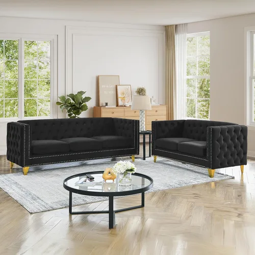 Vista 15 de JEEOHEY Juego de Sofás Chesterfield de 2, Sofá Moderno de Terciopelo con Capitoné y Ribete de Tachuelas, Sofá Tapizado de Asiento Profundo, Sofá