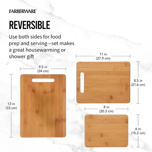 Vista 5 de Farberware Juego de tablas de cortar de madera de 3 piezas, tablas de cortar reversibles para preparación y servir comidas, tablas de charcutería