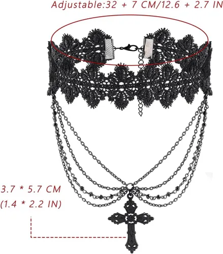 Vista 2 de Eigso Gargantilla de encaje retro estilo gótico vintage con colgante de cadena de cuentas, vampiro para mujer A2: negro