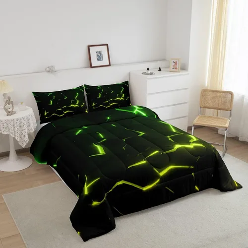 Vista 2 de Feelyou Juego de edredón de panal de abeja, juego de ropa de cama con estampado geométrico, juego de edredón acolchado con luces de neón amarillo