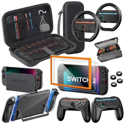 Vista 13 de Pro Controllers Accessories Bundle for Nintendo Switch 2 18-in-1: Carrying Case, Screen Protector, Thumb Grip for Joycon, Dockable Console