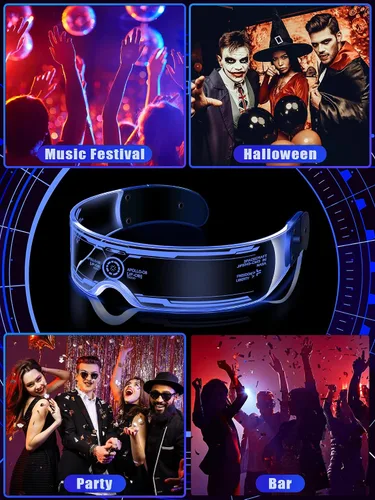 Vista 7 de TOODOO 4 pares de anteojos con visera LED, gafas futuristas luminosas para rave, 7 colores, 4 modos para club, fiesta de Navidad