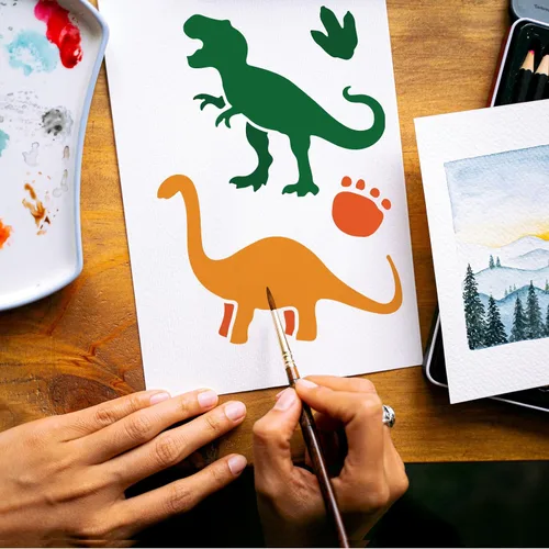 Vista 7 de MAYJOYDIY 10 plantillas de dinosaurios de 6 x 6 pulgadas, plantillas de pintura de dinosaurios de animales con pincel de pintura Tyrannosaurus Rex