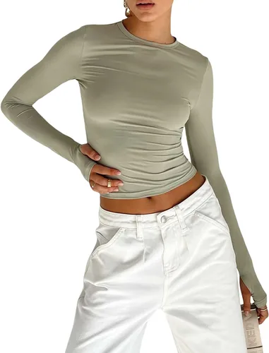 Vista 2 de Camisa sexy de manga larga para mujer, casual, lisa, ajustada, blusa corta Y2K