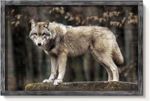 Vista 14 de Arte de Pared Enmarcado de Lobo: Pintura Moderna de Animales Salvajes de Madera Rústica Natural Imagen de Vida Silvestre Obra de Arte de Lobo Gris