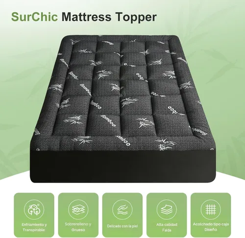 Vista 4 de Cubrecolchón tamaño Twin de viscosa derivada del bambú, almohadilla superior suave y gruesa tipo Pillow Top para colchón para dolor de espalda