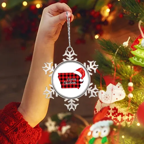 Vista 3 de Iowa - Adornos de copo de nieve de búfalo a cuadros, sombrero de Navidad, adornos de Navidad personalizados 2022, adornos de estado del hogar