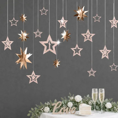 Vista 5 de Decor365 Guirnaldas de Estrellas Centelleantes Dorado Champán Decoraciones de Fiesta Pancarta de Estrellas Decoración Colgante de Techo Serpentina