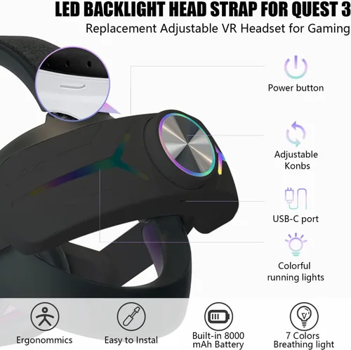 Vista 2 de AZURAOKEY Head Strap Battery Pack for Meta Quest 3, Replacement Elite Strap 8000mAh Enhanced Comfort and Extended Gaming Time with RGB Light for