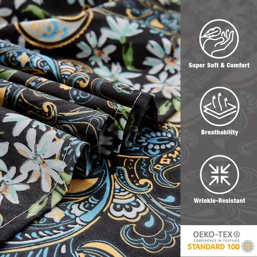 Vista 6 de JSD - Juego de sábanas de 6 piezas con estampado floral de cachemira negra y bolsillo profundo Juego de fundas de almohada de microfibra