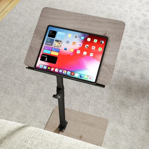 Vista 17 de YUHFERA Mesa auxiliar con bandeja para sofá - Giratoria 360°, altura ajustable, para espacios pequeños, mesa lateral para aperitivos para cama