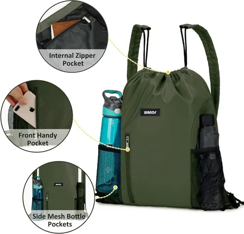 Vista 3 de WANDF Mochila con cordón y almohadilla para el hombro, mochila deportiva para gimnasio con bolsillo de malla para mujeres y hombres, Verde oscuro