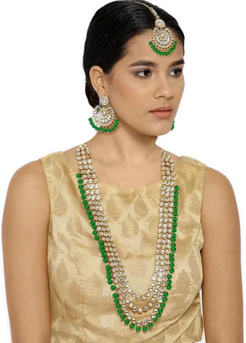 Vista 6 de Aheli Indian Ethnic Wedding Faux Kundan Beaded Bridal Long Necklace Earrings with Maang Tikka Traditional Jewellery Set for Women