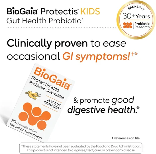 Vista 3 de Comprimidos masticables BioGaia Protectis para niños pequeños, niños y adolescentes, dolor de estómago ocasional, estreñimiento, diarrea