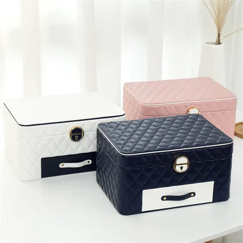 Vista 2 de ZSEDP - Joyero grande de 3 capas de alta capacidad, organizador de almacenamiento de ataúd, cajas de belleza de viaje de cuero para mujer