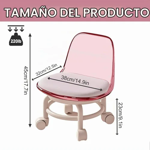 Vista 2 de Silla de polea de acrílico, taburete bajo con polea de respaldo, taburete ergonómico bajo para limpieza del hogar, taburetes de oficina, lavandería