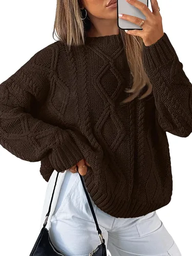 Vista 15 de Trendy Queen Suéteres de punto trenzado de gran tamaño para mujer, trajes Verde militar