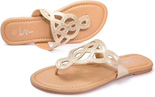 Vista 5 de LM Sandalias de tanga para mujer, sandalias con correa en T, sandalias planas sin cordones, sandalias informales de verano