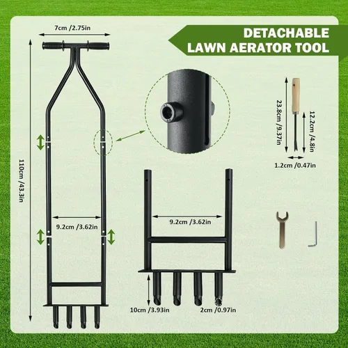 Vista 2 de Herramienta aireadora manual para césped, aireador de césped de hierro desmontable resistente con desbrozador de raíces, reduce la compactación
