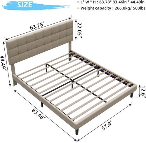 Vista 2 de Base de cama moderna de plataforma tapizada de tamaño Queen, marco de cama de lino con luces, cabecera ajustable con costuras cuadradas, sistema
