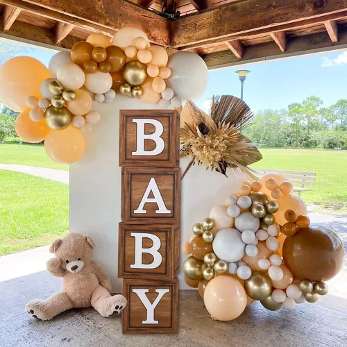 Vista 7 de Cajas de baby shower para decoraciones de cumpleaños – 4 cajas de globos de bebé de grano de madera marrón, cajas de bebé para decoración de centro