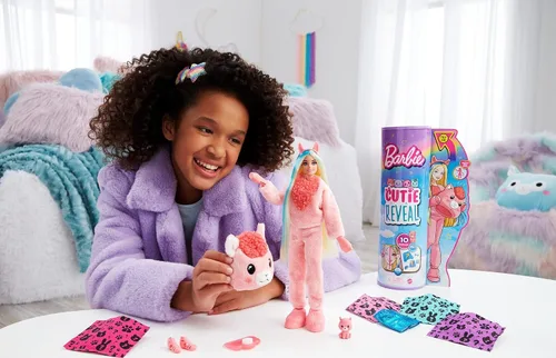 Vista 2 de Barbie Muñeco Cutie Reveal, disfraz de felpa de llama de la serie de fantasía, 10 sorpresas, incluyendo mini mascota y cambio