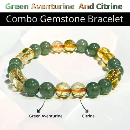 Vista 2 de Citrine, Green Aventurine Bracelet Healing Crystal Bracelet for Women and Men 8mm Round Beaded Bracelet for Good Luck, Wealth, Abundance Elastic