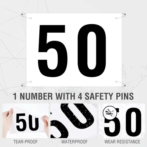 Vista 3 de Números de babero para correr con pasadores de seguridad para eventos de competición deportiva de maratón, resistente al desgarro, impermeable, 6 x