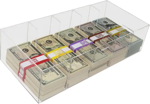 Vista 5 de Bandeja de dinero de acrílico con inserto de bandeja para monedas, organizador de efectivo transparente de 5 compartimentos, caja de almacenamiento