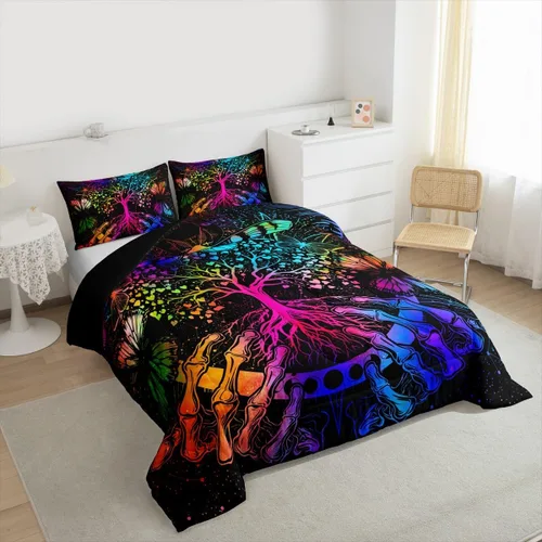 Vista 4 de Erosebridal Juego de ropa de cama con diseño de árbol de la vida, diseño bohemio de mariposa y mariposa, edredón de fase lunar hippie, edredón