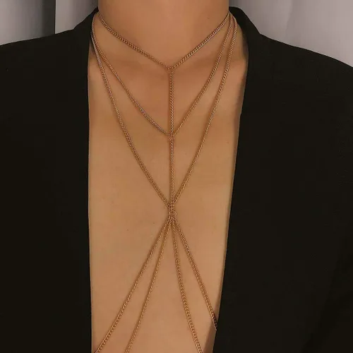 Vista 5 de Bounzhi Arnés de cadena para el cuerpo, sexy, plateado, collar de joyería para el cuerpo, cadenas de bikini para mujeres y niñas (plata)