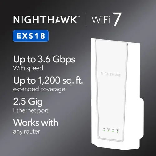 Vista 2 de NETGEAR Extensor de alcance WiFi 7 (EXS18) - Extensor de rango de señal de Internet inalámbrico de doble banda BE3600 (hasta 3.6 Gbps de velocidad)