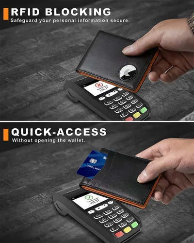 Vista 20 de Billetera AirTag para hombre, de piel auténtica plegable con bloqueo Rfid AirTag con ranuras para efectivo y ventana de identificación, compatible