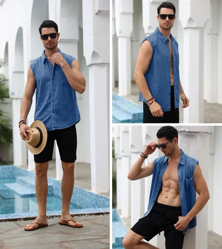 Vista 3 de Camisa de mezclilla sin mangas con botones para hombre, chaleco casual ligero