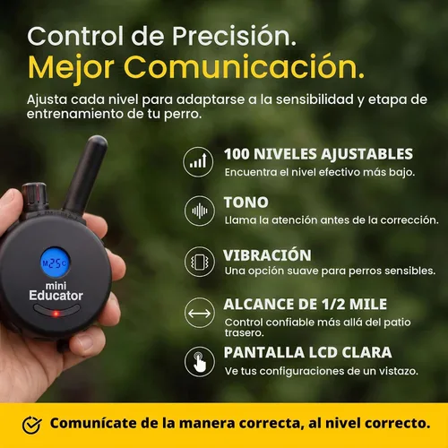 Vista 8 de Educator ET-300 Mini Collar E negro para adiestramiento de perros con control remoto, rango de 1/2 milla, impermeable, 100 niveles de estimulación