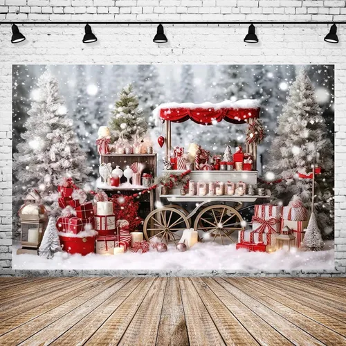 Vista 4 de Telón de fondo de fotos para tienda de cacao caliente de invierno, carrito de madera, decoración del hogar familiar, fondos de fiesta de vacaciones