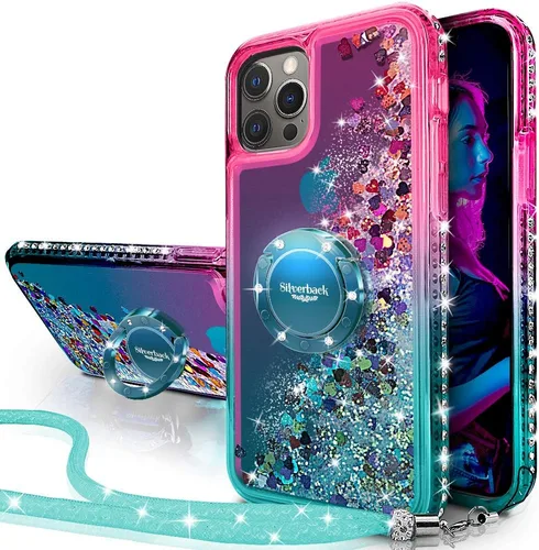 Vista 10 de Silverback - Funda para iPhone 12 con soporte de anillo, color plateado transparente Moving Liquid Holographic Sparkle Glitter, Kickstand, Bling