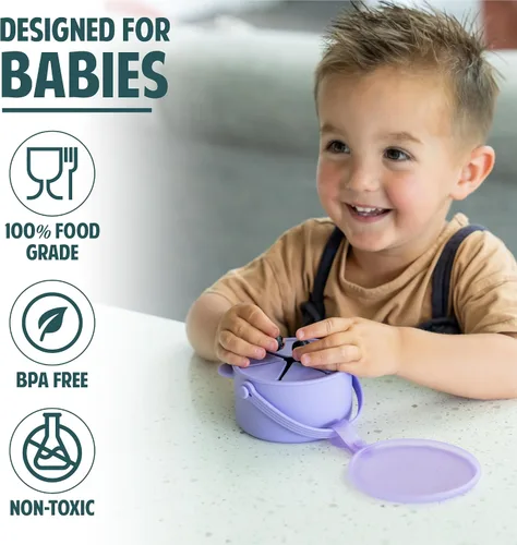 Vista 3 de Vasos de silicona antiderrames para niños pequeños – Recipientes portátiles para aperitivos para bebés con tapa a prueba de polvo – Vasos a prueba