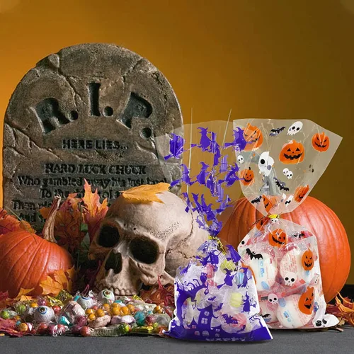 Vista 7 de 150 bolsas de golosinas de Halloween, bolsas de celofán de Halloween con lazos giratorios para suministros de fiesta de Halloween