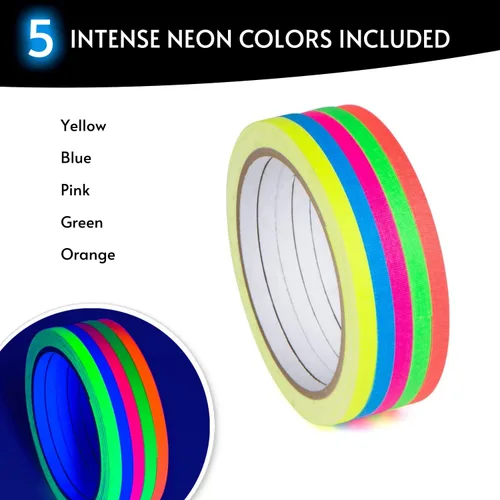 Vista 3 de Glow King Cinta Reactiva a Luz Negra que Brilla Regalos de fiesta de neón fluorescente UV premium para eventos Cinta de colores luminosos