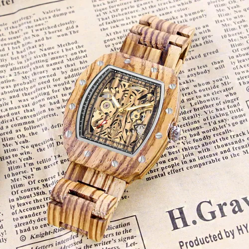 Vista 4 de Dentily Reloj de madera para hombre, triángulo, esqueleto automático, reloj mecánico de madera para hombre