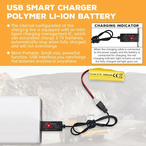 Vista 4 de sea jump 2 baterías de iones de litio de 3.7 V 1000 mAh con enchufe Molex y cable de carga USB, adecuado para vehículos de ingeniería a control