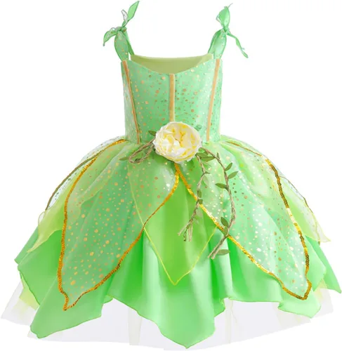Vista 2 de Disfraz de hada de flores, conjunto de disfraz de princesa para niñas, Tinker Bell ropa para Halloween, disfraz de cosplay con ala, verde